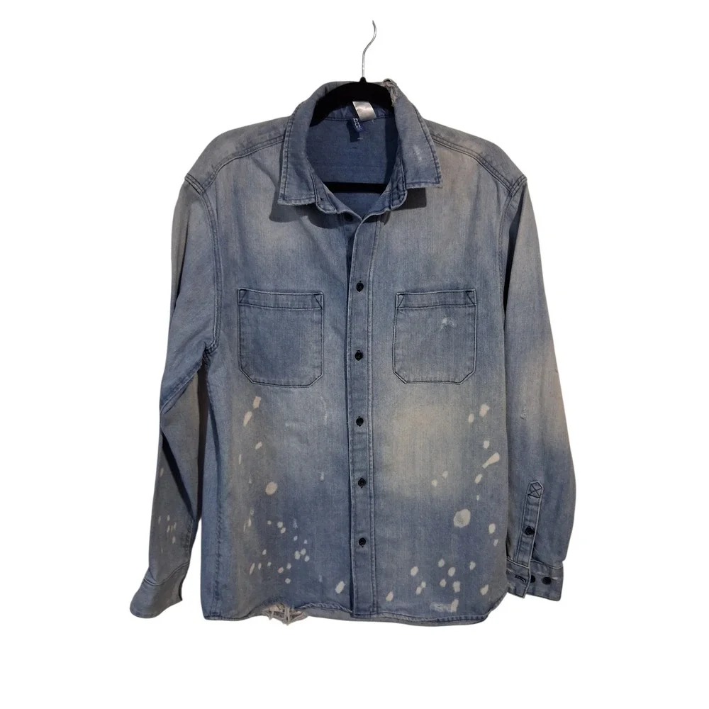 H&M Divided Thrashed Distressed Mens size Medium Grunge‎ Prep Denim Button Shirt